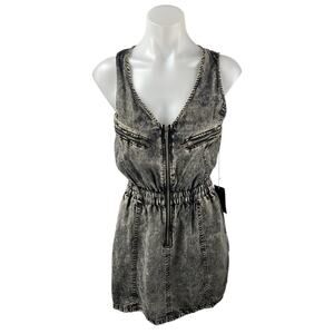 NEW Forever 21 Gray V-Neck Sleeveless Zip Up Mini A-Line Tank Denim Dress Size S